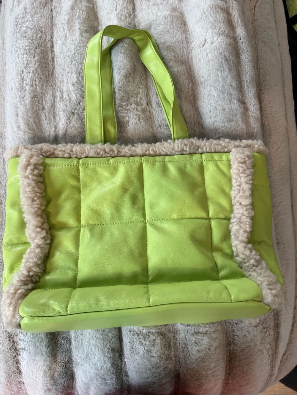 wild fable Lime Green Quilted Tote with Cream Shearling Trim